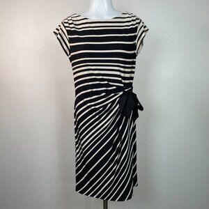 Coldwater Creek Sheath Dress 8 Black Cream Striped Short Sleeve Stretch Women's